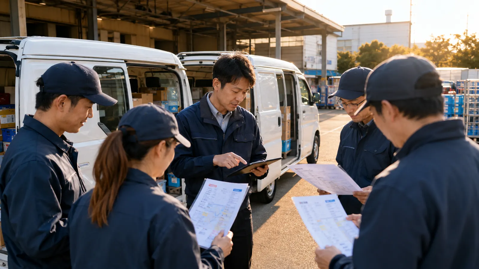 配送拠点の朝礼で、管理者がドライバーへ当日の運行内容を共有する様子