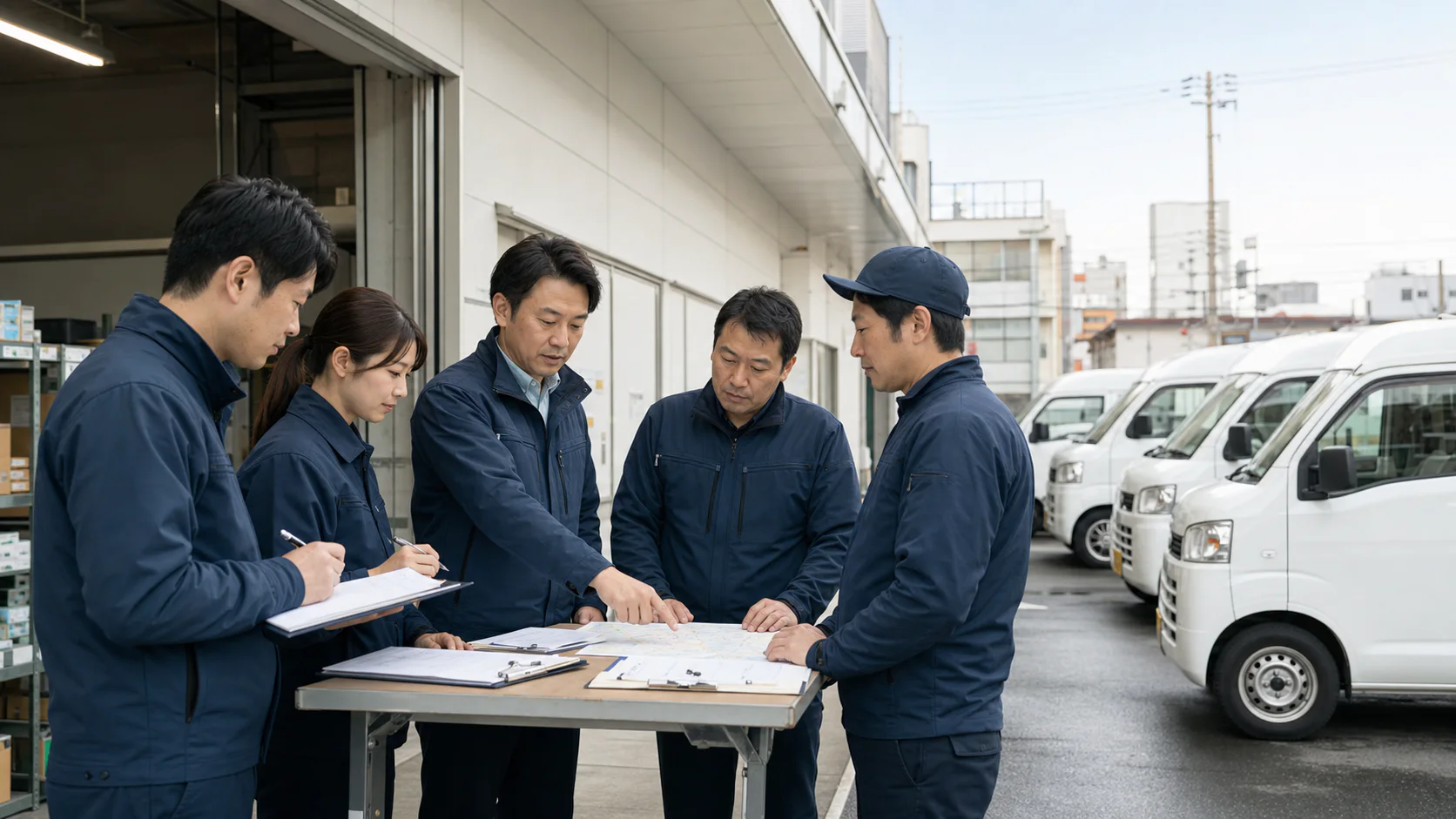 軽貨物営業所で管理者とドライバーが配車と品質基準を確認する様子
