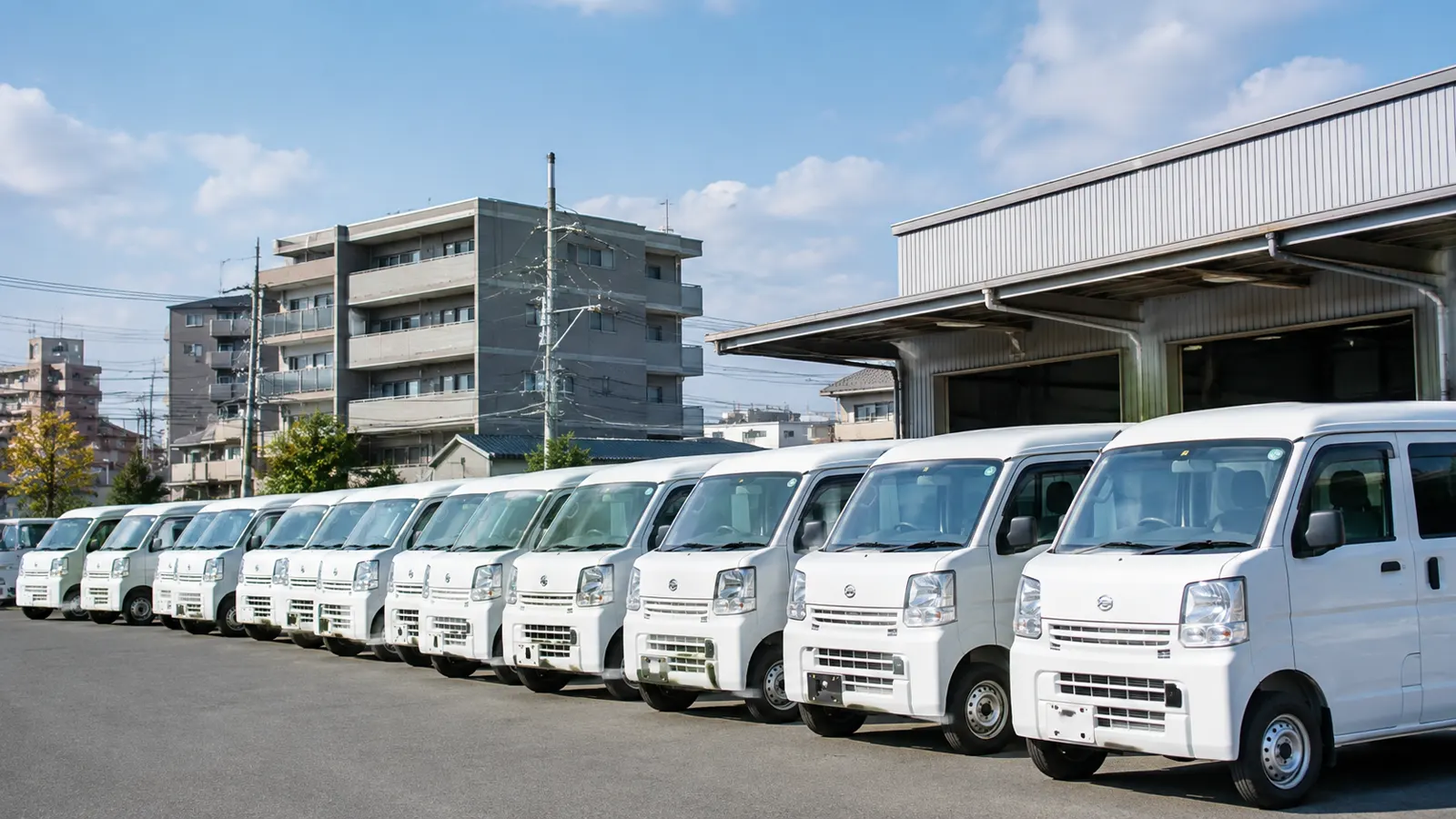 複数の軽バンが配送拠点に整列している様子